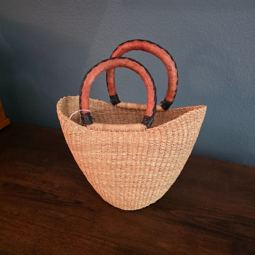 Handmade African Alaffia Ghana Bongo Market Basket Woven Tote Double Handles